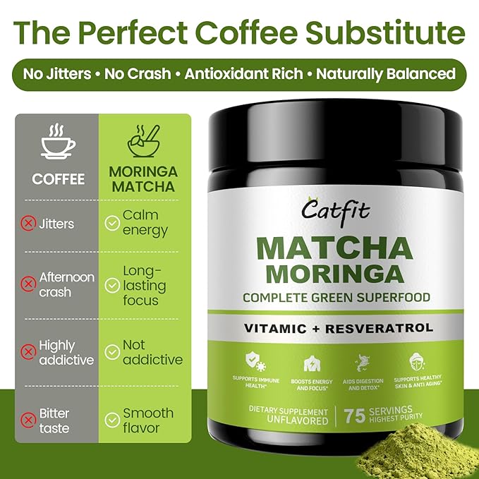 Matcha Powder – Superfood Blend with Moringa & Green Tea & Resveratrol, Energy & Focus Support, Immune & Antioxidant Defense, Vegan, Gluten-Free, 8oz