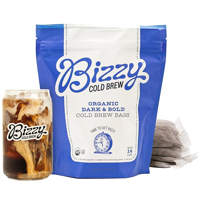 Bizzy Organic Cold Brew Coffee | Dark & Bold Blend | Coarse Ground Coffee | Dark Roast | Micro Sifted | Specialty Grade | 100% Arabica | Brew Bags | 4 Count | Makes 14 Cups
