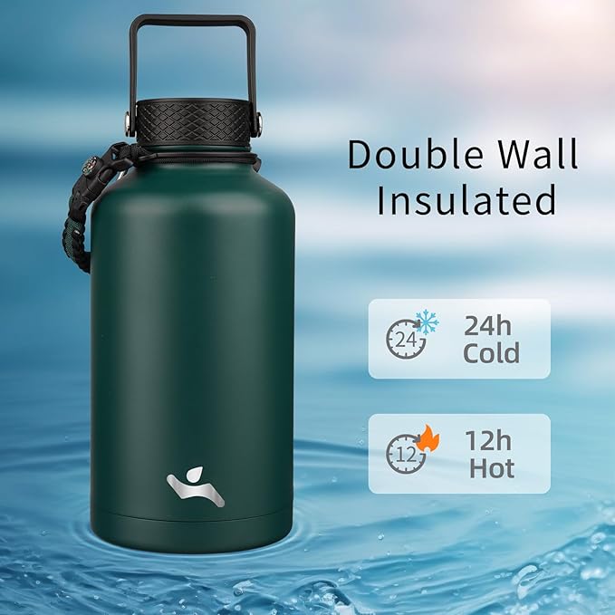 Half Gallon Insulated Water Bottle with Straw,64 oz 3 Lids Water Jug with Carrying Bag,Paracord Handle,Double Wall Vacuum Stainless Steel Metal Flask,Dark Green