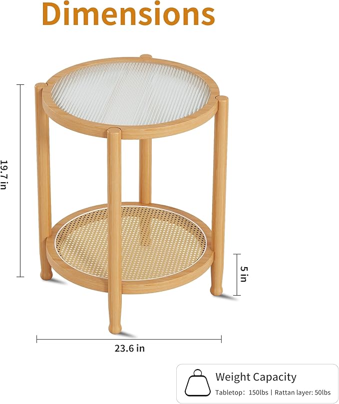 Rattan Round Side Table, 24" Boho Rustic Circle End Table Sofa Table with Storage and Solid Wood Farmhouse Frame for Living Room, Balcony, Bedroom (Natural, 23.6" D x 23.6" W x 19.7" H)