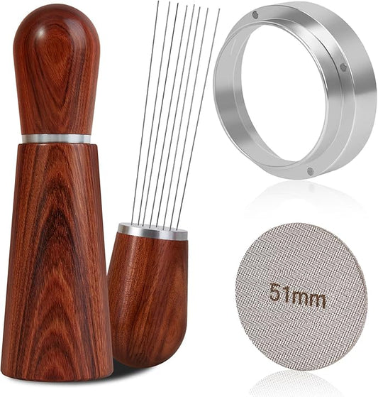 51mm Espresso Accessories Kit, WDT Tool, Dosing Funnel and Puck Screen Set, 316 Stainless Steel Needle Coffee Distribution Stirrer, Portafilter Dosing Ring for Barista 51 mm