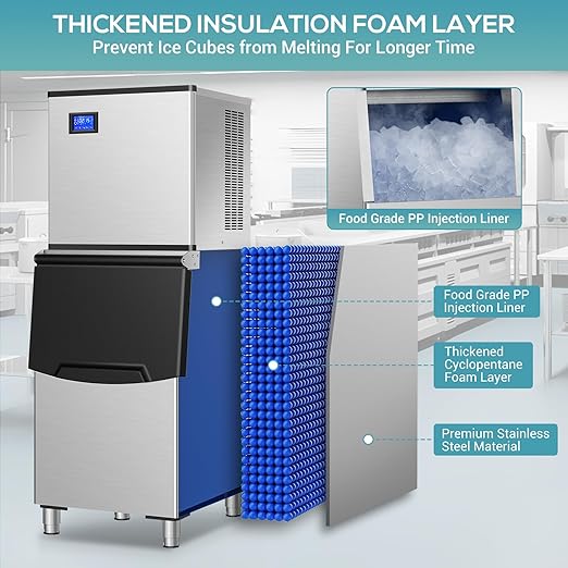 Commercial Ice Maker Machine 430Lbs/24H, Industrial Ice Machine 350 Lbs Storage Bin, 156PCS Clear Ice Cubes in 11 Mins, Freestanding Stainless Steel Ice Maker for Restaurants/Bar/Large Families