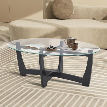 48" Oval Glass Coffee Table with Tempered Glass Top Cross and Solid Wood Base Simple & Modern Center Table for Living Room Office Apartment Black