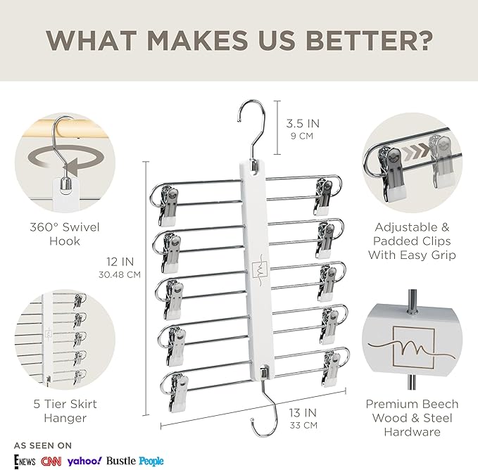 MORALVE Skirt Hangers Space Saving with Clips - 2 Pack - European Beechwood 5-Tier Hanger for Shorts, Skirts, and Pants - Closet Organizer and Storage Solution for Women with 360° Swivel Hook