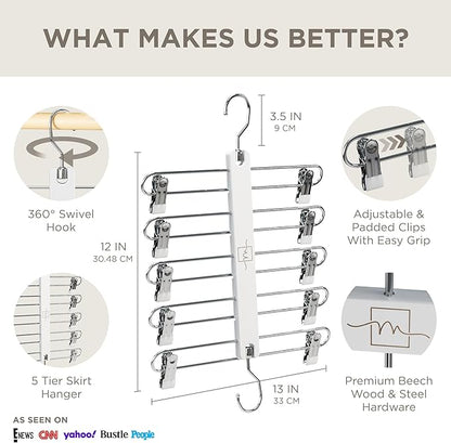 MORALVE Skirt Hangers Space Saving with Clips - 2 Pack - European Beechwood 5-Tier Hanger for Shorts, Skirts, and Pants - Closet Organizer and Storage Solution for Women with 360° Swivel Hook