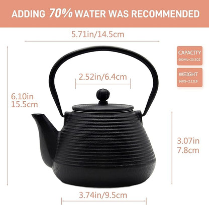 20.3oz Small Cast Iron Teapot, SECHUDO Cast Iron Tea Kettle for Stovetop Safe Coated with Enameled Interior, Cast Iron Tea Pot with Stainless Steel Infuser for Loose Tea (Black Pinstripe Pattern)
