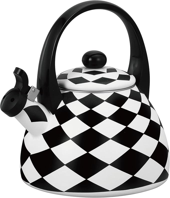 Whistling Tea Kettle for Stove Top Enamel on Steel Teakettle, Supreme Housewares Harlequin Pattern Tea Kettle Cute Kitchen Accessories Teteras (2.4 Quart, Black and White Diamond Check)