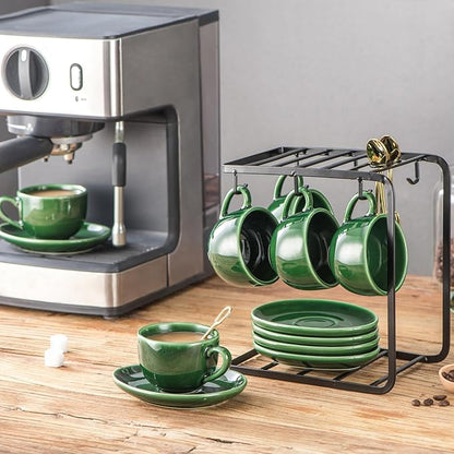 vicrays Ceramic Espresso Coffee Cups - 4 oz Porcelain Espresso Cups Set with Saucers Spoons and Metal Stand for Tea Cafe Cappuccino Latte - Set of 6 - Green
