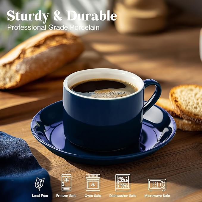 5 Ounce Blue Porcelain Stackable Espresso Cups with Stainless Steel Holder, Set of 4, Durable Ceramic, Perfect for Home, Office or Gift