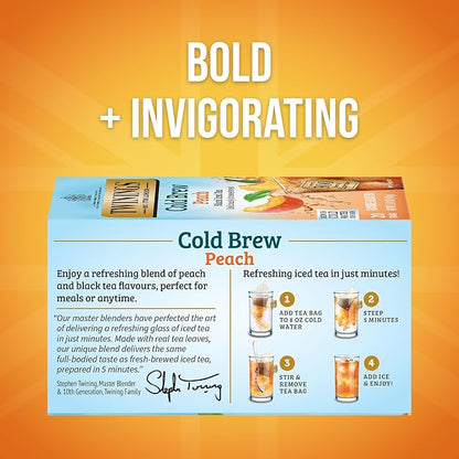 Twinings Peach Cold Brew Iced Tea Bags, 20 Count (Pack of 1), Unsweetened Flavoured Black Tea, Caffeinated, 20 Teabags