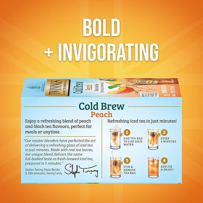 Twinings Peach Cold Brew Iced Tea Bags, 20 Count (Pack of 6), Unsweetened Flavoured Black Tea, Caffeinated, 120 Teabags