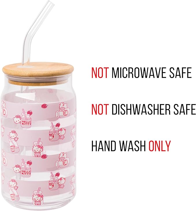Silver Buffalo Sanrio Hello Kitty Strawberry Milk Pink Glass Jar Tumbler with Bamboo Lid and Glass Straw, 16 Ounces
