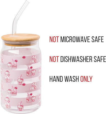 Silver Buffalo Sanrio Hello Kitty Strawberry Milk Pink Glass Jar Tumbler with Bamboo Lid and Glass Straw, 16 Ounces