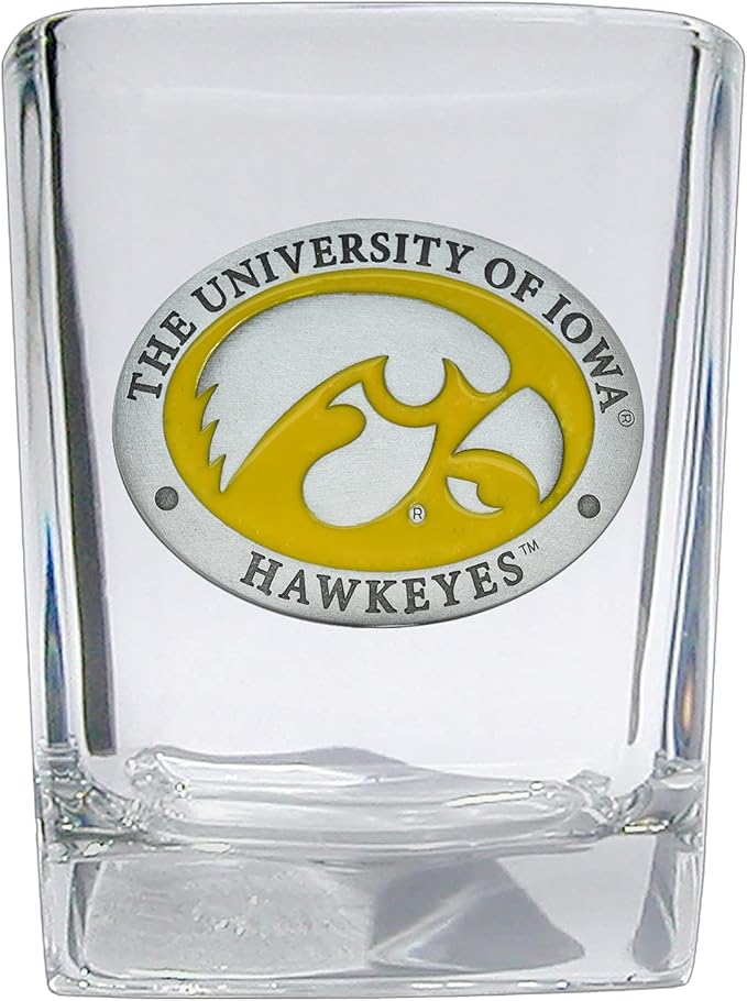 Heritage Pewter University of Iowa Square Collector's Glass | Hand-Sculpted 1.5 Ounce Glassware | Intricately Crafted Metal Pewter Alma Mater Inlay