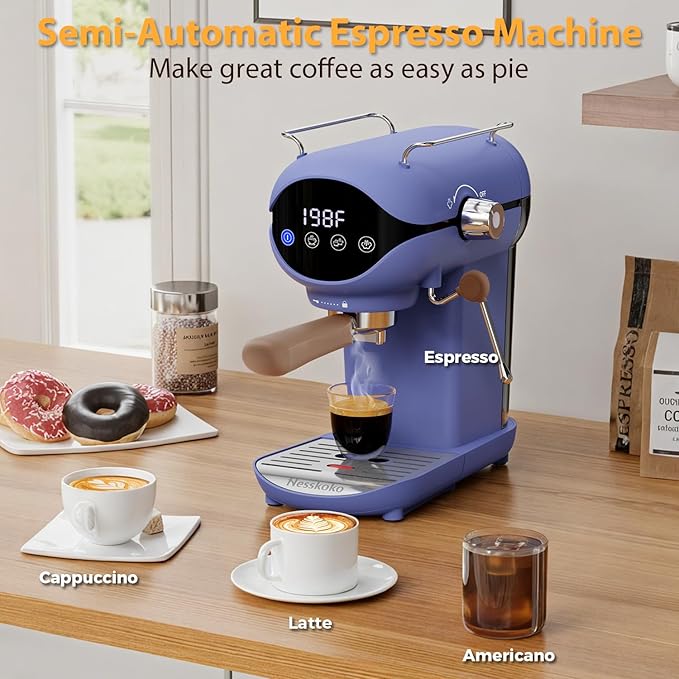 Espresso Machine with Steam Milk Frother Semi Automatic 20 Bar Compact Blue with Touch Screen for home Cafetera Espresso, Latte, Cappuccino, Americano, Macchiato
