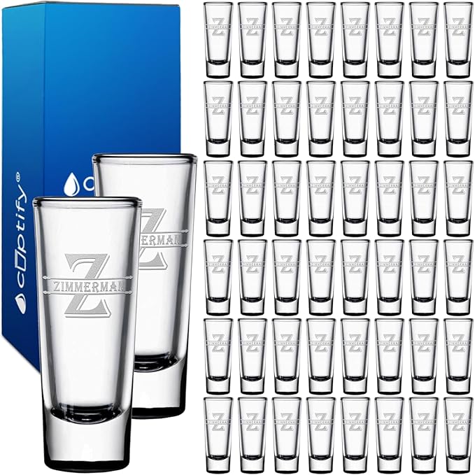 Personalized Shot Glasses Set of 50 Black Bottom Custom 2 oz Cordial Shot Glass Initial and Name for Gifts, Weddings, Birthdays, Party, Event, Decorations