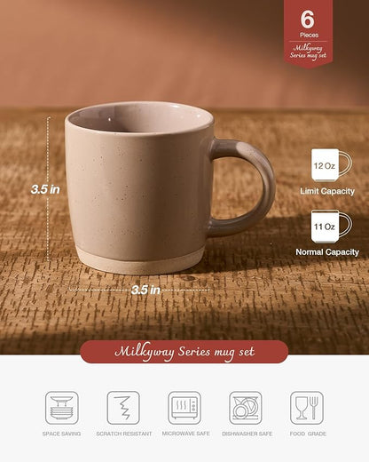 famiware Coffee Mugs for 6, 12 oz Mug Set, Dringking Cup with Handle for Coffee, Tea, Cocoa, Milk, Milkyway serise, Cinnamon Brown