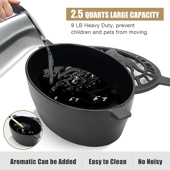 Wood Stove Steamer 2.5 Quart, Wood Stove Humidifier with Decorative Wolf Pattern, Cast Iron Steamer for Wood Stove Rust Resistant Matte Black