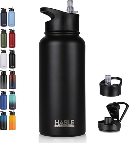 HASLE OUTFITTERS 32 oz Insulated Water Bottle Stainless Steel Double Walled Vacuum Sports Water Bottle with 2 Lids (Straw and Spout Lid) for Gym Camping Hiking(Black,1)