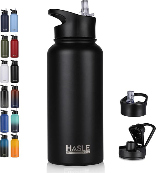 HASLE OUTFITTERS 32 oz Insulated Water Bottle Stainless Steel Double Walled Vacuum Sports Water Bottle with 2 Lids (Straw and Spout Lid) for Gym Camping Hiking(Black,1)