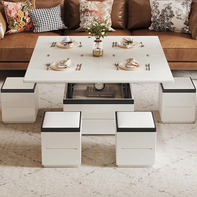Extendable Coffee Table with 4 Storage Stools, Multifunctional Lift Top Coffee Table, Space Saving Folding Dining Table for Living Room (47.24 Inch)
