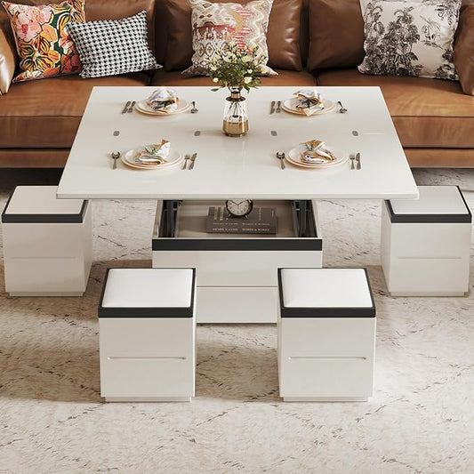 Extendable Coffee Table with 4 Storage Stools, Multifunctional Lift Top Coffee Table, Space Saving Folding Dining Table for Living Room (47.24 Inch)