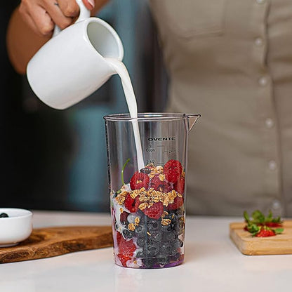 OVENTE Immersion Hand Blender, 300W Electric Handheld Portable Stick Mixer Set with 2 Mixing Speed, Stainless Steel Blades, Egg Whisk Attachment, Mixing Beaker and BPA-Free Food Chopper, Red HS565R