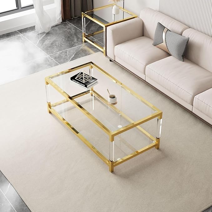 47 inch Glass Coffee Table with Gold Chrome Metal Base, 2-Tier Rectangle Clear Glass Center Table Tea Tables, Modern Coffee Table Living Room Table Cocktail Table, 47" Acrylic Center Tables