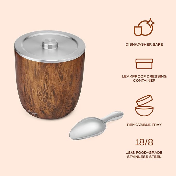 S'well Stainless Steel Ice Bucket XL, 100oz, Teakwood, Includes Lid And Scoop, Triple Layered Vacuum Insulated Container Keeps Ice Colder for Longer, BPA Free Barware