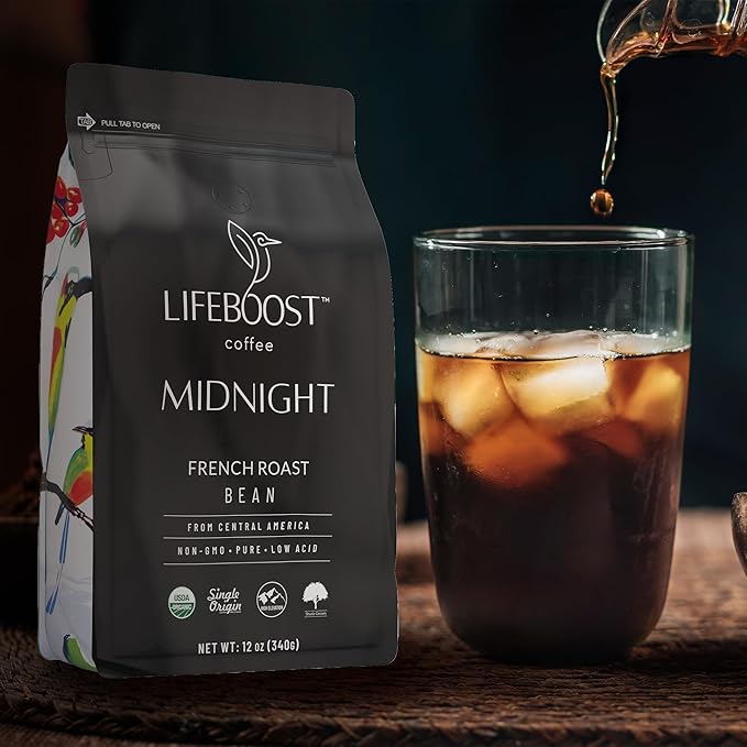Lifeboost Midnight French Roast Coffee Beans - Single Origin Non-GMO USDA Organic Low Acid French Roast Coffee - Third Party Tested For Mycotoxins & Pesticides - 12 Ounces