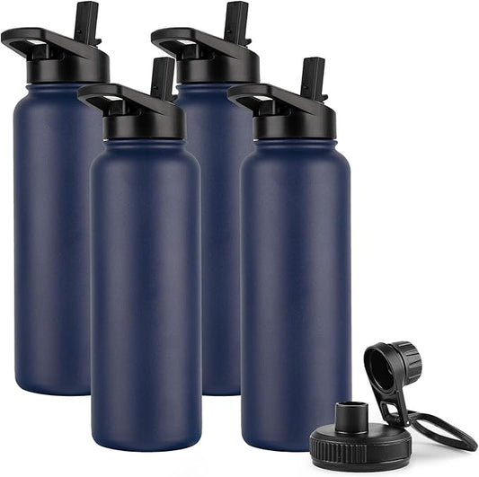 DOMICARE 40 oz Insulated Water Bottle Bulk, Vacuum Insulated Stainless Steel Sports Water Bottle with Straw Lid & Spout Lid, Leakproof, Reusable - Travel, Camping, Bike, Navy Blue (4 Pack)