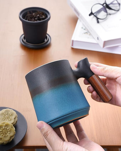 ZENS Gradient Blue Tea Cup with Infuser and Lid, 14.5oz Wood Handle Tea Mug, Loose Leaf Tea Steeper & Strainer, Tea Lovers Gifts