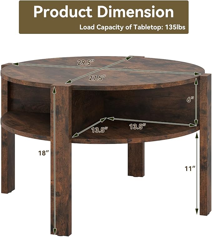 Giantex Round Coffee Table, 2-Tier Mid Century Modern Tea Cocktail Table with Storage Shelves & 4 Side Compartments, Wood Center Table for Living Room, Small Spaces (Rustic Brown)