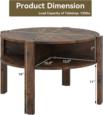 Giantex Round Coffee Table, 2-Tier Mid Century Modern Tea Cocktail Table with Storage Shelves & 4 Side Compartments, Wood Center Table for Living Room, Small Spaces (Rustic Brown)