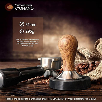 KYONANO Espresso Tamper 51mm - Coffee Tamper with Dalbergia Odorifera Handle - Espresso Press Hand Tamp PLUS Free Milk Frothing Pitcher 12oz/350ml, Silicone Tamper Mat - Fits 51mm Delonghi Portafilter