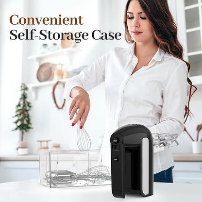 5-Speed Electric Hand Mixer, 800W Handheld Mixer with Turbo for Baking & Cooking, Kitchen Food Mixer with Storage Case & 6 Stainless Steel Attachments (2 Beaters, 2 Dough Hooks, 2 Whisks)-Black