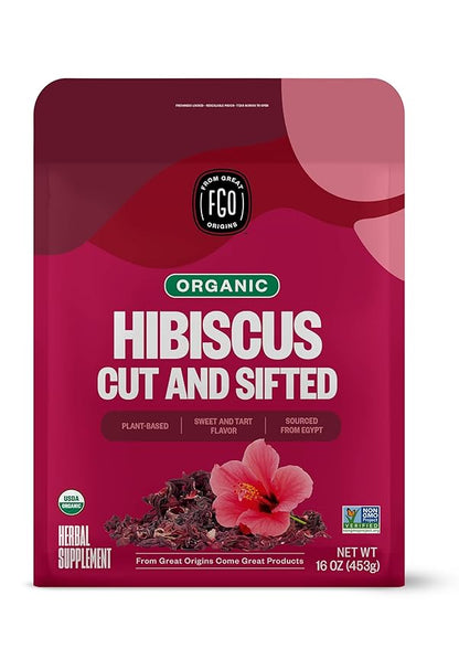 FGO Organic Hibiscus Flowers, Cut and Sifted, 16oz Bulk Resealable Bag, Packaging May Vary (Pack of 1)