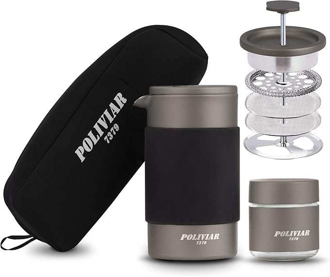 POLIVIAR French Press Coffee Maker, 12 oz Portable French Press with Mini Canister and Collection Bag, Double Wall Insulation & Dual- Filter Screen, Food Grade Stainless Steel for Coffee