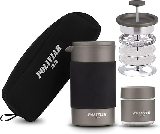 POLIVIAR French Press Coffee Maker, 12 oz Portable French Press with Mini Canister and Collection Bag, Double Wall Insulation & Dual- Filter Screen, Food Grade Stainless Steel for Coffee
