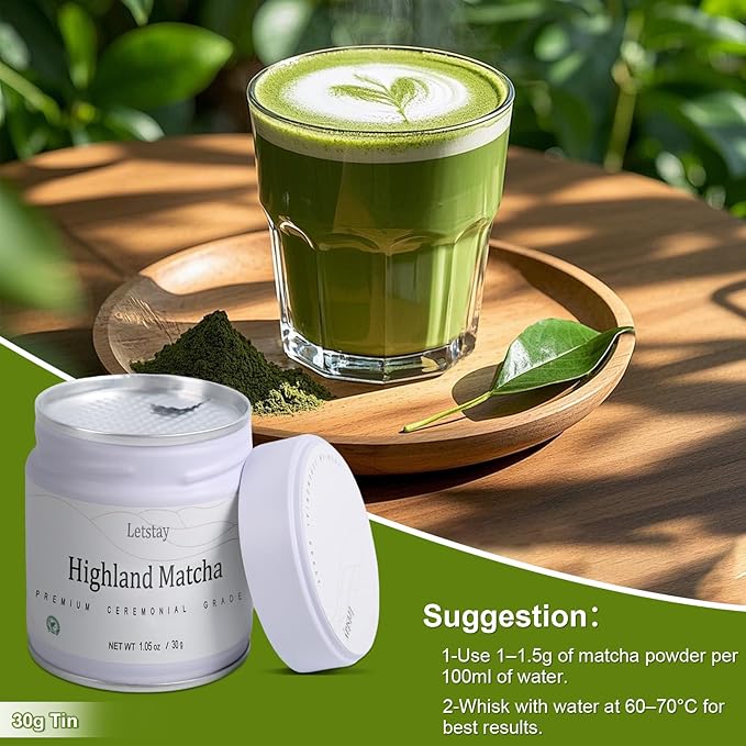 Letstay Ceremonial Grade Matcha Powder Highland Matcha Tea Organic Matcha Green Tea - Premium 1st Harvest - Zero Sugar, Halal Certified & SGS Certified & FSSC 22000, 30g (1.05oz) Tin