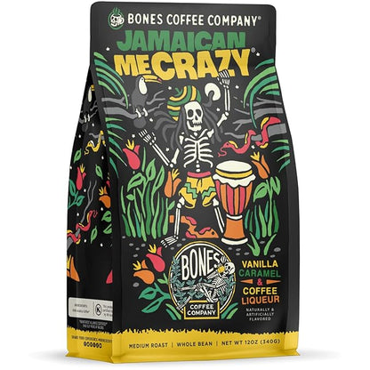Bones Coffee Company Jamaican Me Crazy, Vanilla Caramel Flavored Coffee, Medium Roast Low Acid Arabica Beans Compatible with Auto drip and French Press Coffee Maker, 12 Oz Whole Bean