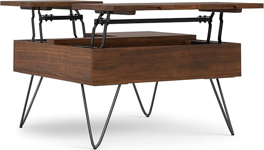 SIMPLIHOME Hunter Lift Top Coffee Table - 32 inch Wide Solid Walnut Veneer and Metal Industrial Square Cocktail Table, Living Room Table with Dual Lift Tops, Hidden Storage and Hairpin Legs
