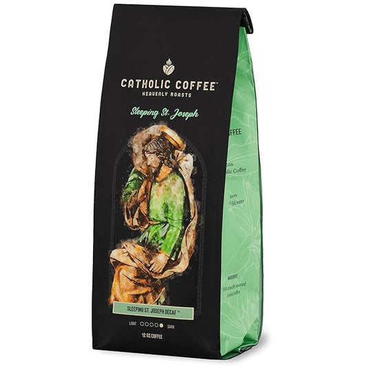 Catholic Coffee Sleeping St. Joseph | Decaf Dark Roast Whole Bean Coffee – Clove & Prune Notes | 12oz Bag – Peaceful Catholic Gift for Evening Reflection