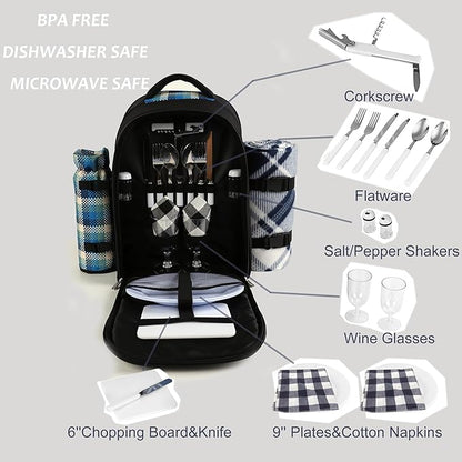 apollo walker Picnic Backpack Bag for 2 Person with Cooler Compartment, Detachable Bottle/Wine Holder, Fleece Blanket, Plates and Cutlery Set
