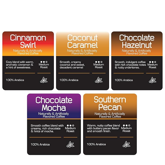 Roast Ridge Single Serve Coffee Pods for Keurig K-Cup Brewers, Variety Pack, Medium Roast, 100 Count (20 each: Cinnamon Swirl, Coconut Caramel, Chocolate Mocha, Southern Pecan, Chocolate Hazelnut)