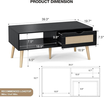 Wood Coffee Table with Storage, Boho Dining Table with Sliding Rattan Door Panel and Solid Wood Legs, Small Coffee Tables for Living Room, Black