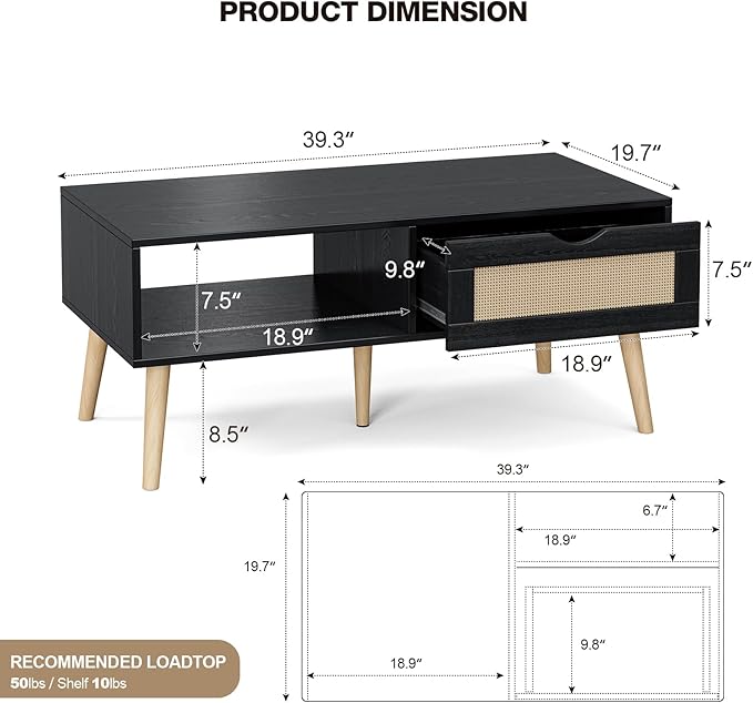 Wood Coffee Table with Storage, Boho Dining Table with Sliding Rattan Door Panel and Solid Wood Legs, Small Coffee Tables for Living Room, Black