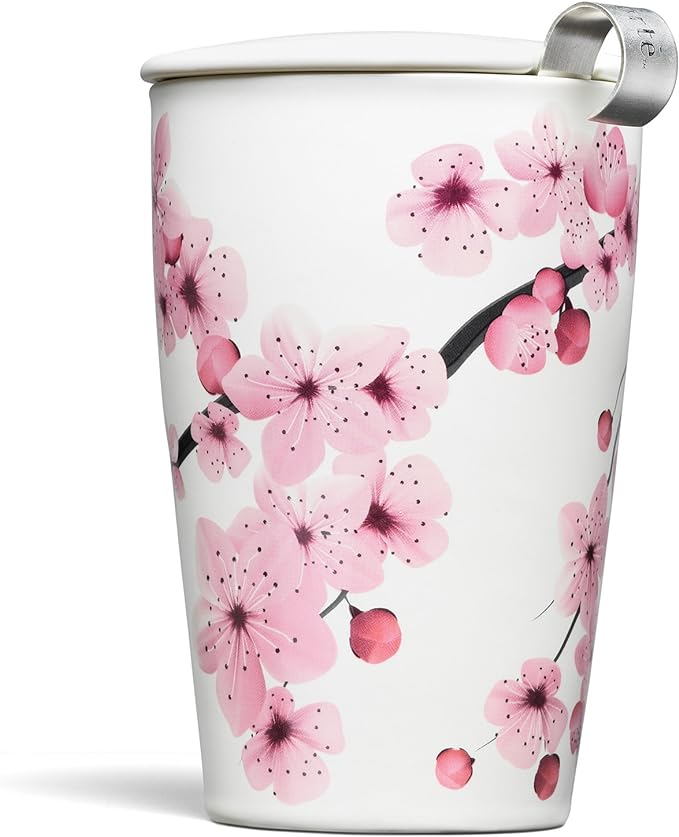 Tea Forte Hanami Double-Walled Ceramic Kati Cup with Removable Stainless Steel Infuser Basket and Lid, Steeps 12 oz Loose Leaf Tea, Lid and Cup Dishwasher & Microwave Safe