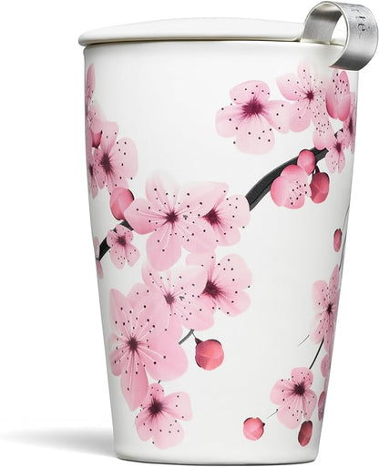 Tea Forte Hanami Double-Walled Ceramic Kati Cup with Removable Stainless Steel Infuser Basket and Lid, Steeps 12 oz Loose Leaf Tea, Lid and Cup Dishwasher & Microwave Safe