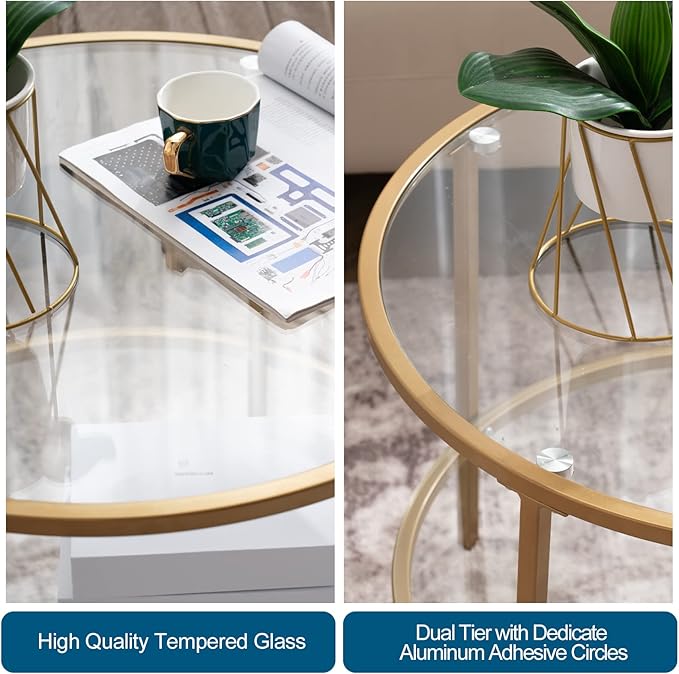 VINGLI 25.6" Round Gold Coffee Tables for Living Room, 2-Tier Glass Top Coffee Table with Storage Clear Coffee, Simple & Modern Center Table for Small Space